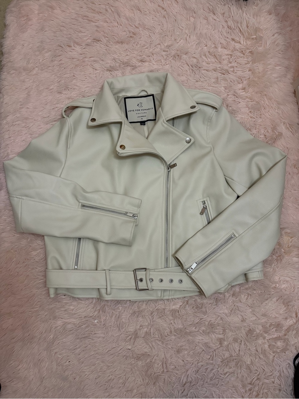 Love for Humanity Women’s Cream Vegan Leather Jacket with waist belt